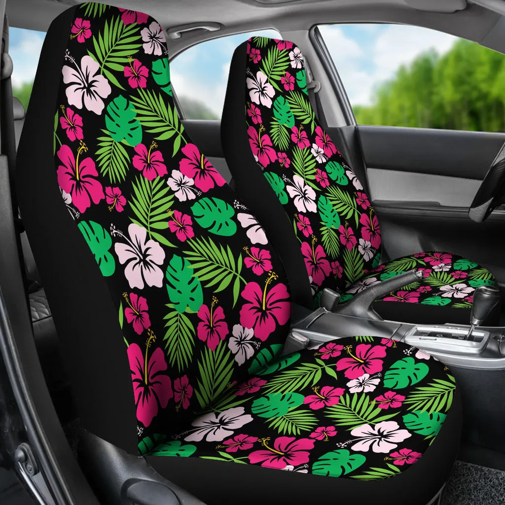 Hot Pink and Green Hawaiian Hibiscus Car Seat Covers Tropical Polynesian Pattern Set of 2