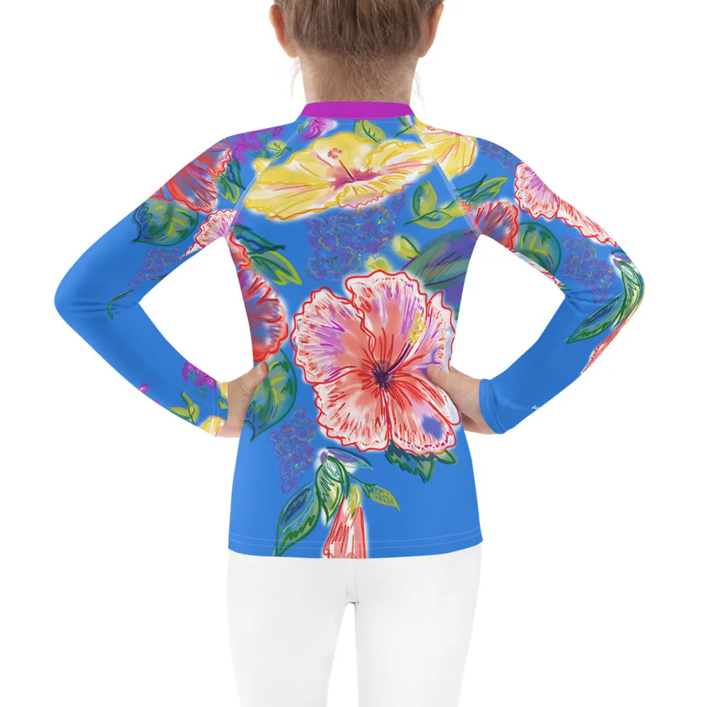 Kids (Keiki) Rash Guard: Tropical Flowers, Orchids & Hibiscus in Periwinkle