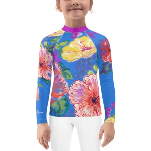 Kids (Keiki) Rash Guard: Tropical Flowers, Orchids & Hibiscus in Periwinkle