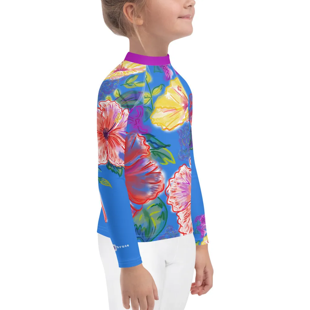 Kids (Keiki) Rash Guard: Tropical Flowers, Orchids & Hibiscus in Periwinkle
