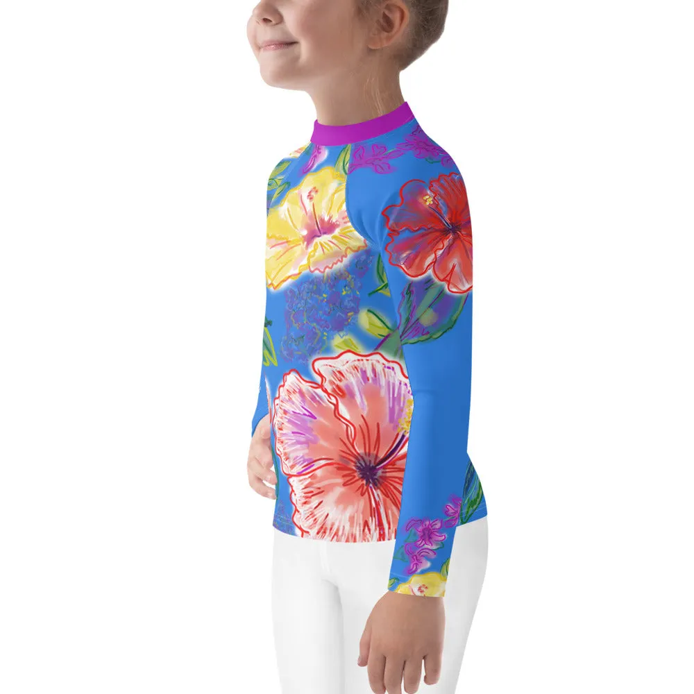 Kids (Keiki) Rash Guard: Tropical Flowers, Orchids & Hibiscus in Periwinkle