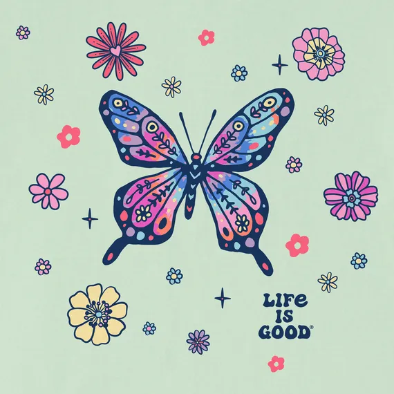 Life is Good Kids Tie Dye Retro Butterfly Flowers Crusher Tee