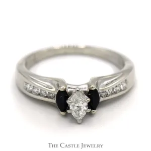 Marquise Cut Diamond & Sapphire Three Stone Engagement Ring with Channel Set Accents in 10k White Gold
