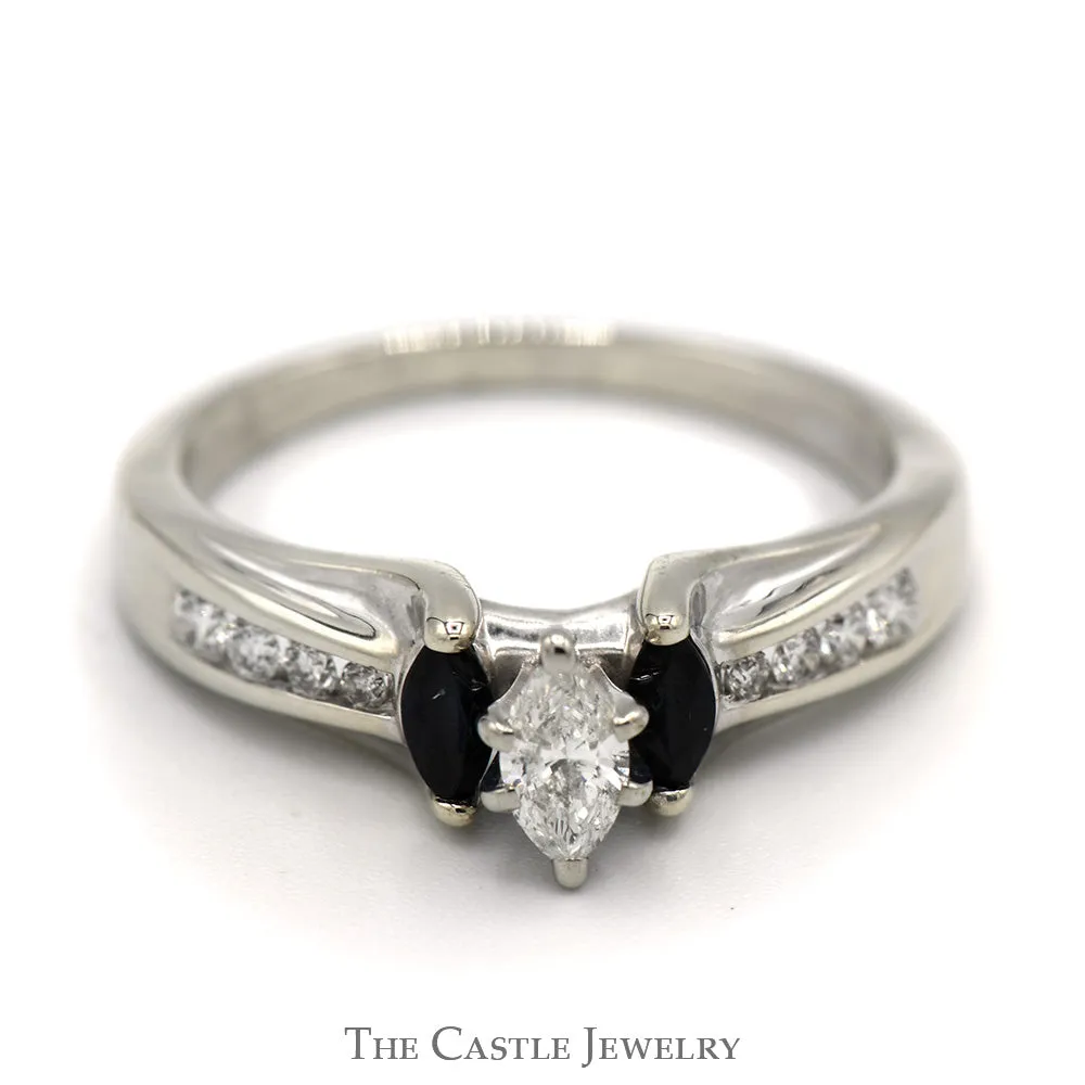 Marquise Cut Diamond & Sapphire Three Stone Engagement Ring with Channel Set Accents in 10k White Gold