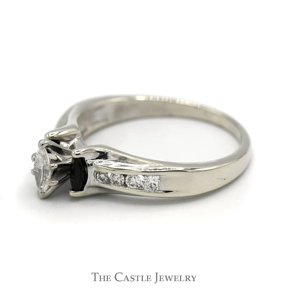 Marquise Cut Diamond & Sapphire Three Stone Engagement Ring with Channel Set Accents in 10k White Gold