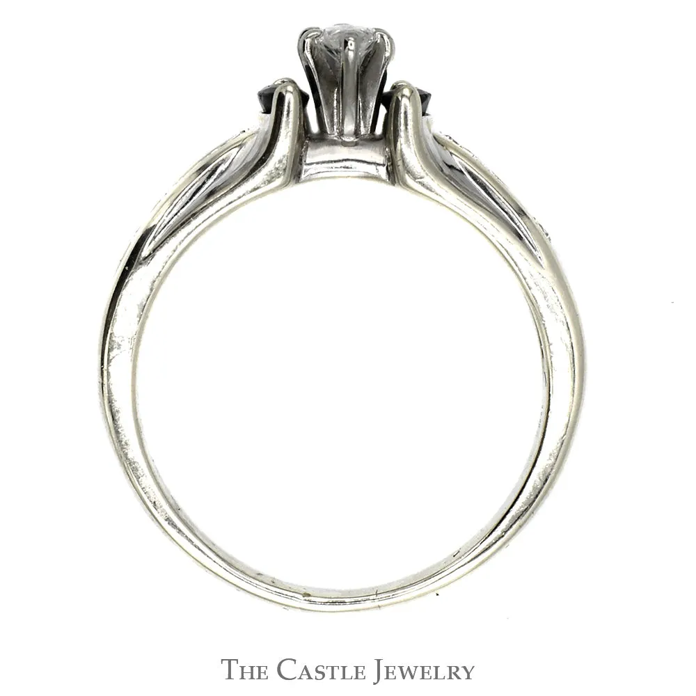 Marquise Cut Diamond & Sapphire Three Stone Engagement Ring with Channel Set Accents in 10k White Gold