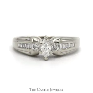 Marquise Cut Diamond Engagement Ring with Round and Baguette Diamond Accents in 14k White Gold