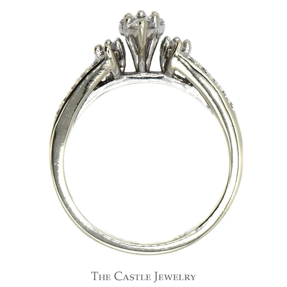 Marquise Shaped Triple Diamond Cluster Ring with Diamond Accented Split Shank Sides in 10k White Gold