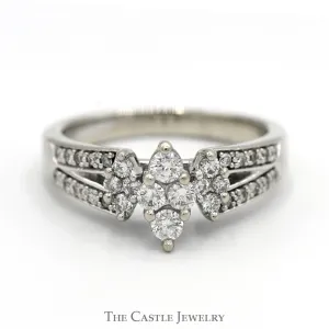 Marquise Shaped Triple Diamond Cluster Ring with Diamond Accented Split Shank Sides in 10k White Gold