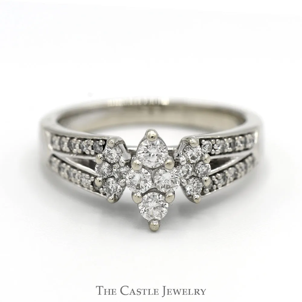 Marquise Shaped Triple Diamond Cluster Ring with Diamond Accented Split Shank Sides in 10k White Gold