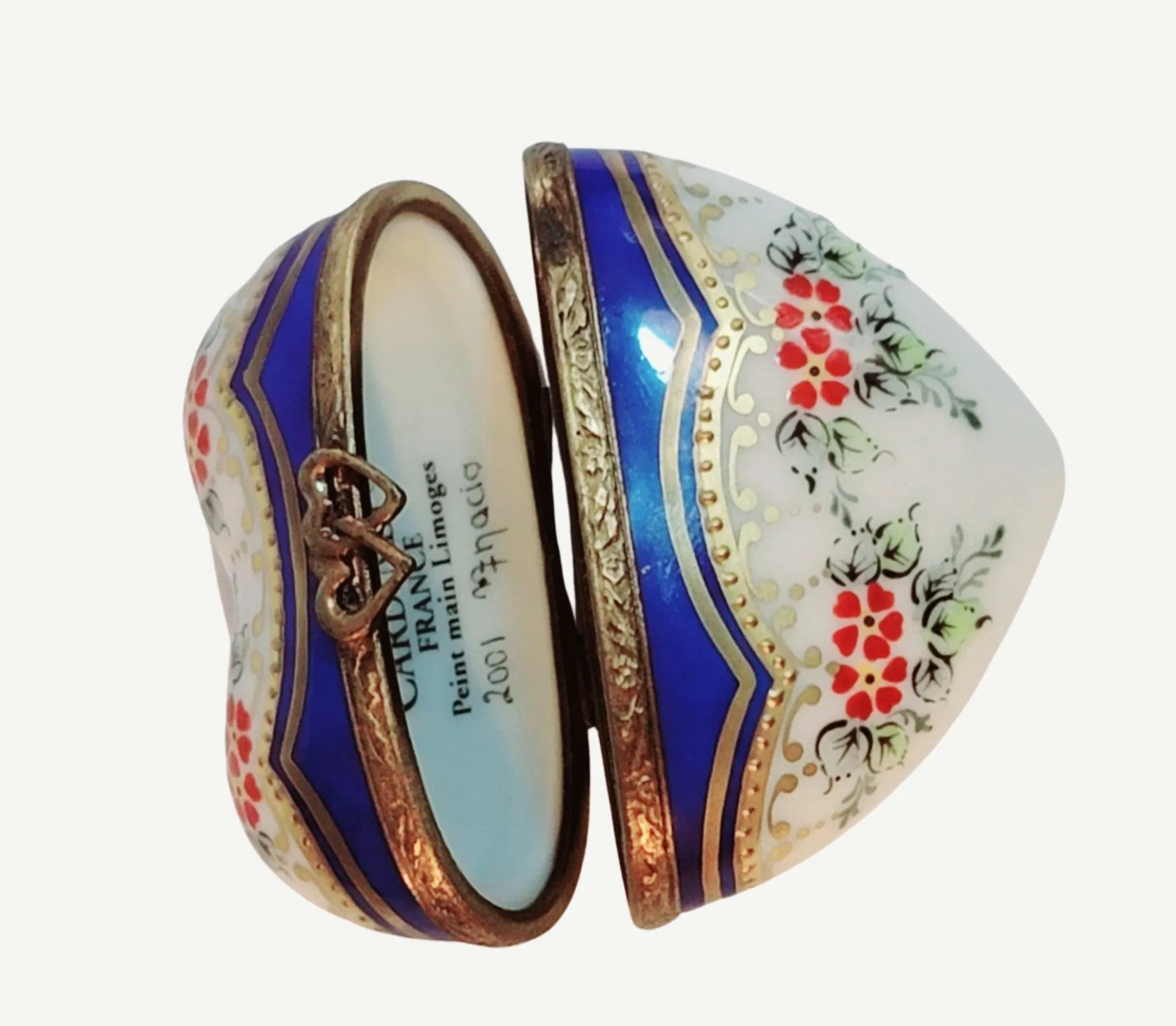 Medium Blue Gold Heart w Red Flowers