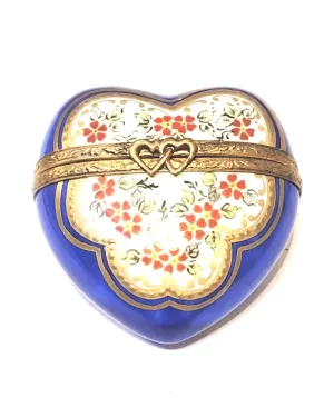 Medium Blue Gold Heart w Red Flowers