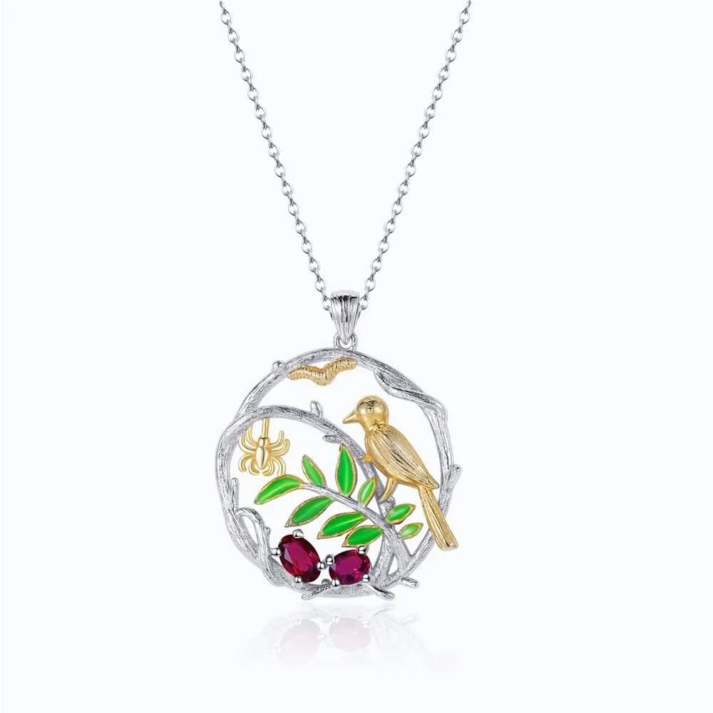Natural Gemstone Bird on Branch Necklace