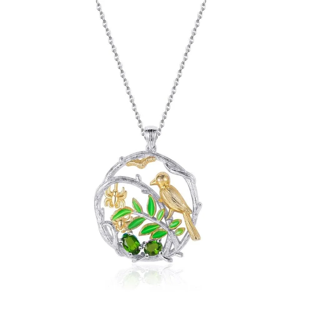 Natural Gemstone Bird on Branch Necklace