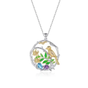 Natural Gemstone Bird on Branch Necklace