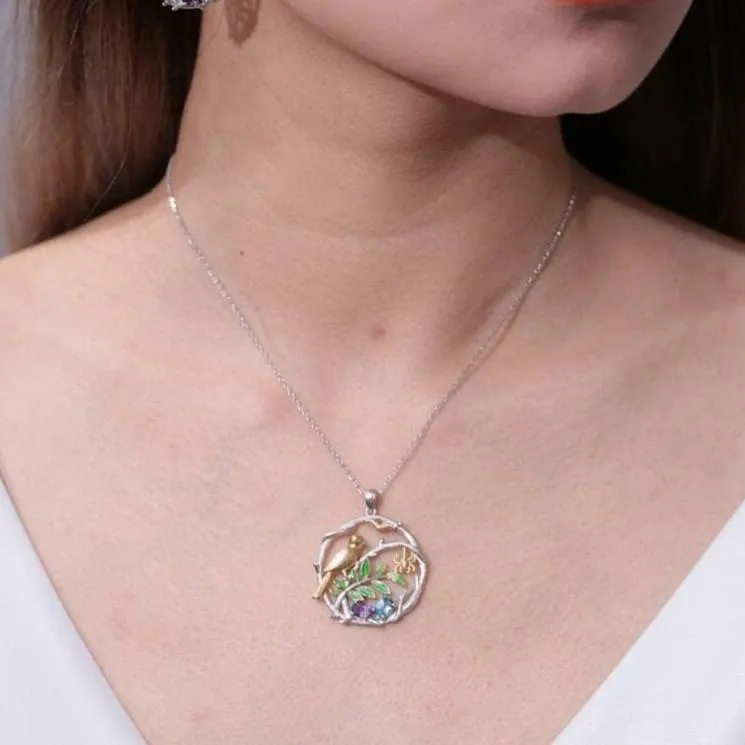 Natural Gemstone Bird on Branch Necklace