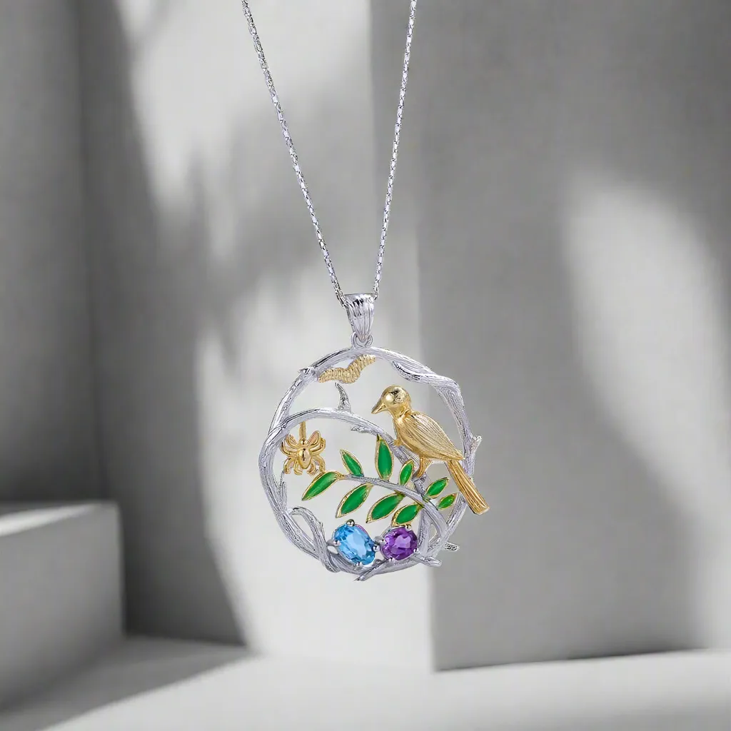 Natural Gemstone Bird on Branch Necklace