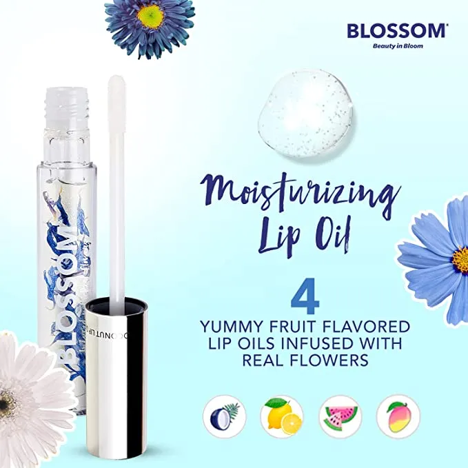 New Blossom Scented Moisturizing and Hydrating Shimmer Sparkle Lip Oil, Infused with Real Flowers, 3g, Coconut