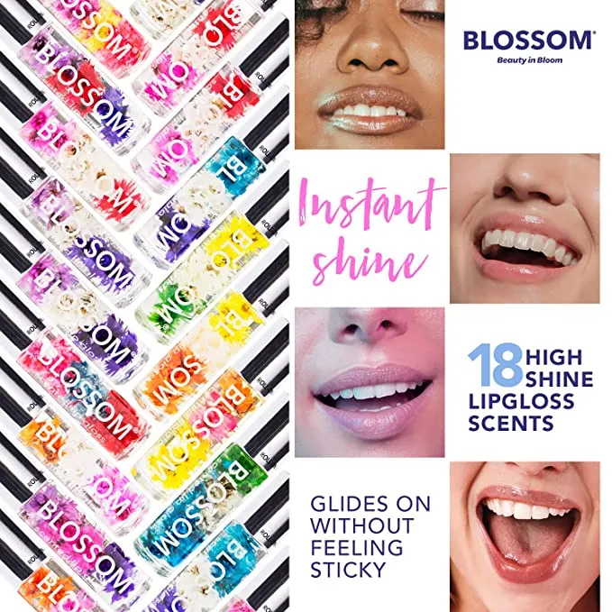 New Blossom Scented Roll on Lip Gloss, Infused with Real Flowers, Made in USA, 0.20 fl. oz./5.9ml, Raspberry