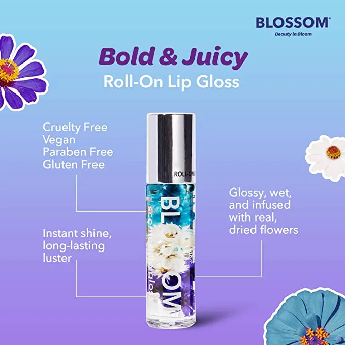 New Blossom Scented Roll on Lip Gloss, Infused with Real Flowers, Made in USA, 0.20 fl. oz./5.9ml, Raspberry