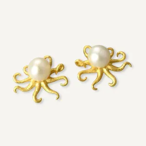 Octopus with Natural Pearl Stud Earrings