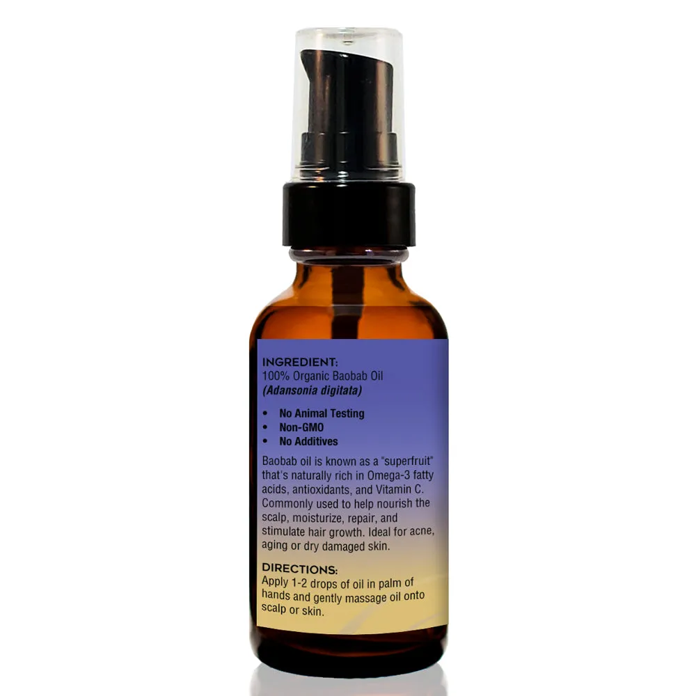 Organic Baobab Oil 2oz – Natural Non-GMO– For Skin, Nails, Hair, Face