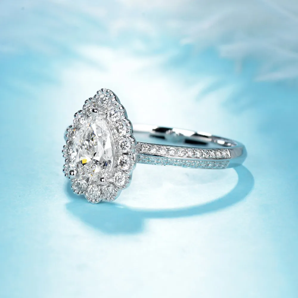 Pear Cut GIA Diamond Floral Halo Engagement Ring