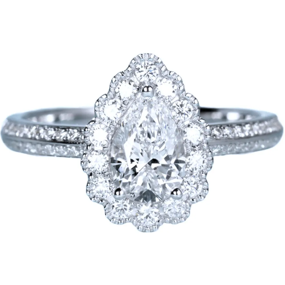 Pear Cut GIA Diamond Floral Halo Engagement Ring