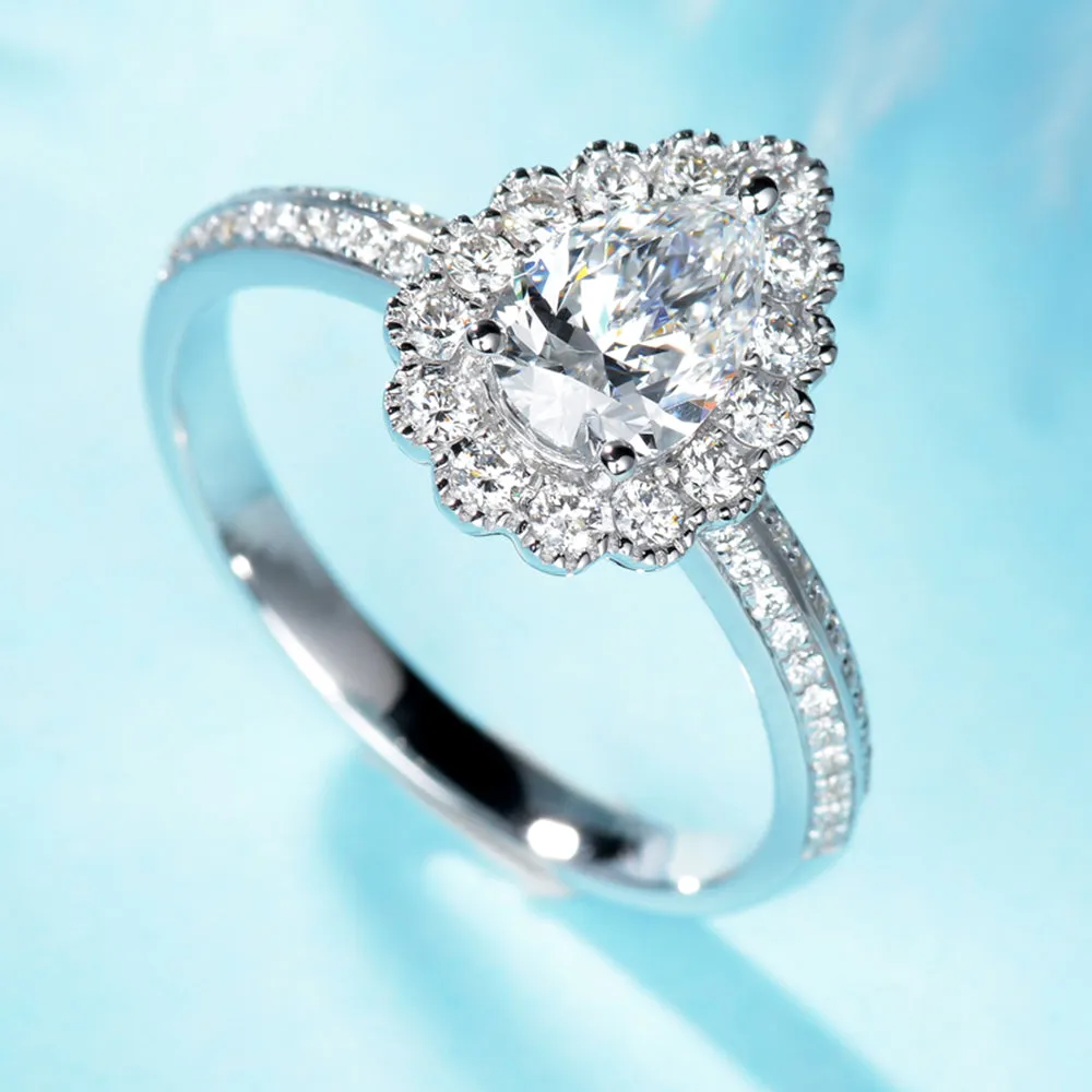 Pear Cut GIA Diamond Floral Halo Engagement Ring