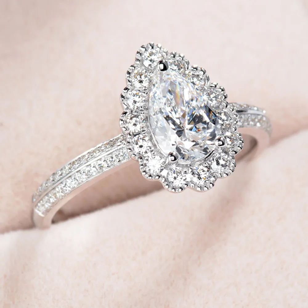 Pear Cut GIA Diamond Floral Halo Engagement Ring