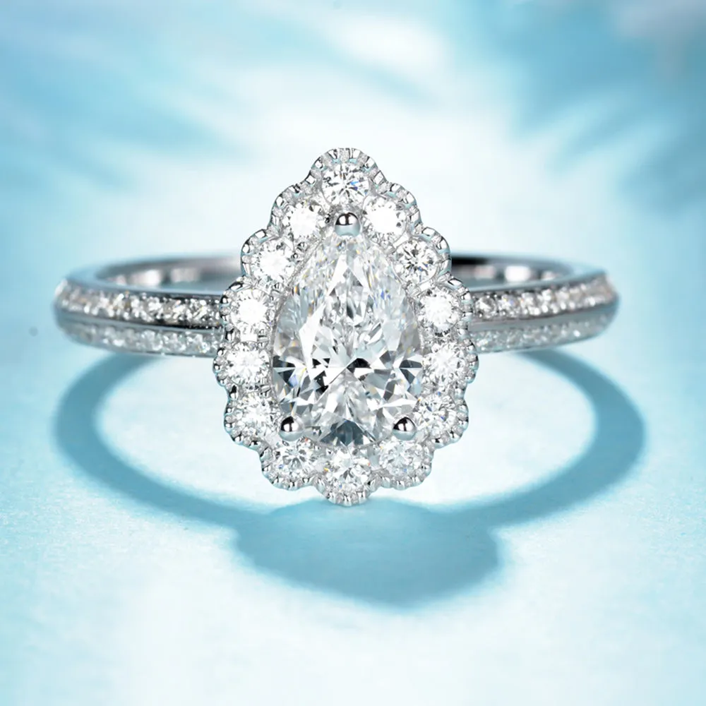 Pear Cut GIA Diamond Floral Halo Engagement Ring