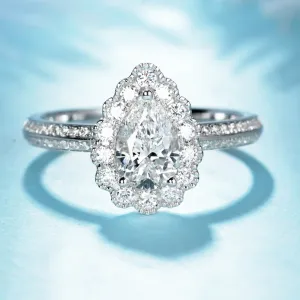 Pear Cut GIA Diamond Floral Halo Engagement Ring