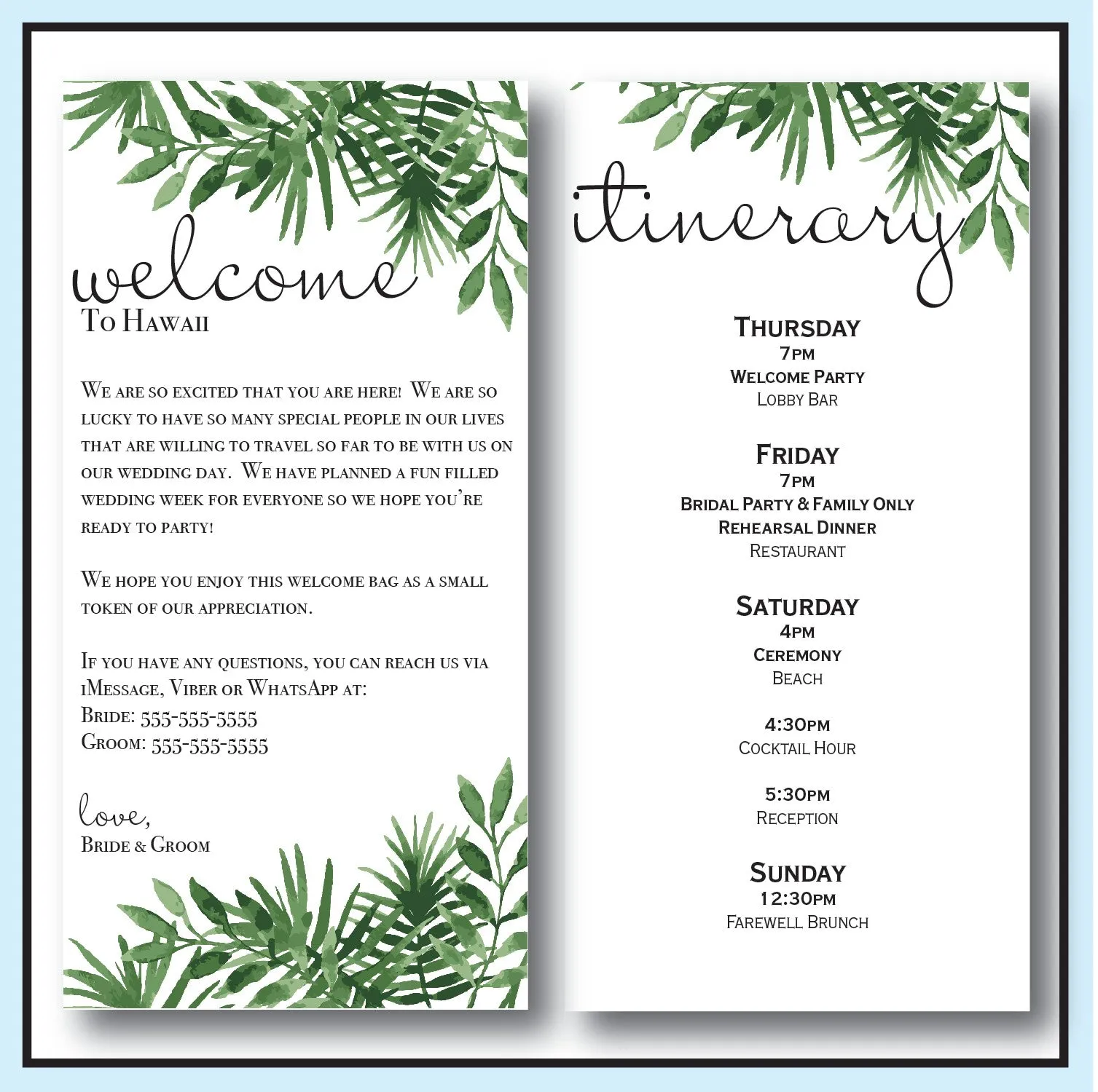 Personalized Wedding Welcome Letter & Itinerary - Tropical