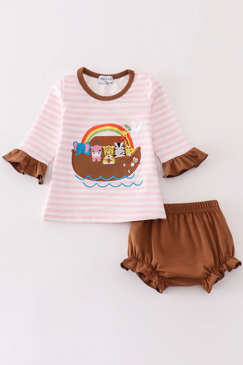 Pink Stripe Noah's Ark Animal Applique Baby Set
