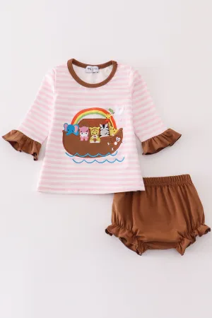 Pink Stripe Noah's Ark Animal Applique Baby Set