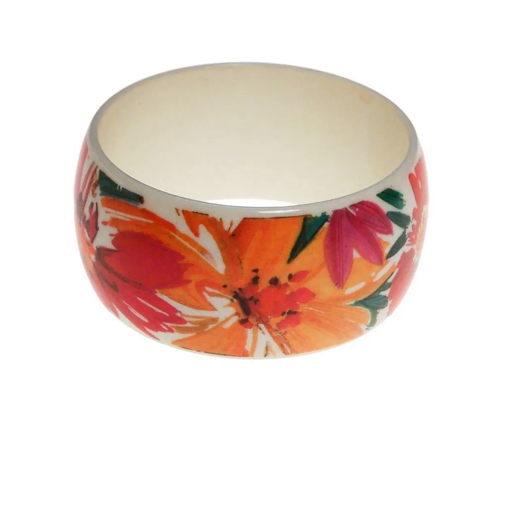 Pink, Yellow, White, Orange, Green Tropical Flower Wide Bangle Bracelet