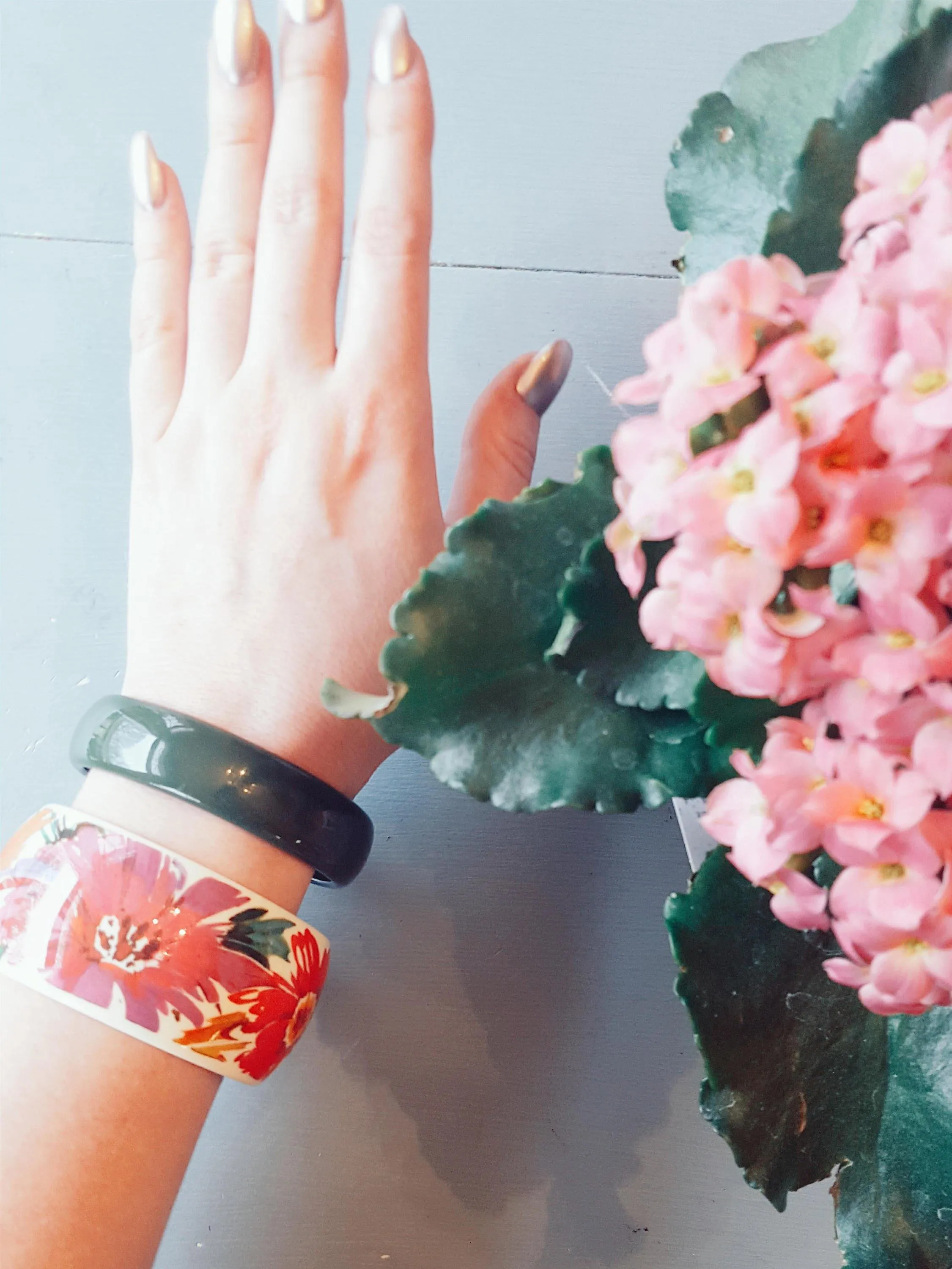 Pink, Yellow, White, Orange, Green Tropical Flower Wide Bangle Bracelet