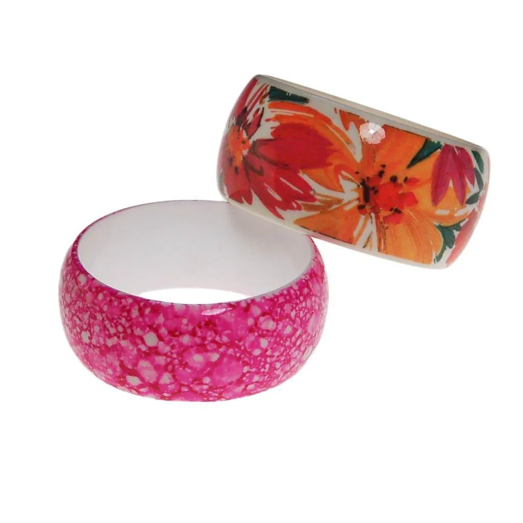 Pink, Yellow, White, Orange, Green Tropical Flower Wide Bangle Bracelet