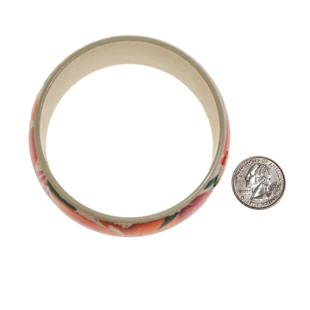 Pink, Yellow, White, Orange, Green Tropical Flower Wide Bangle Bracelet