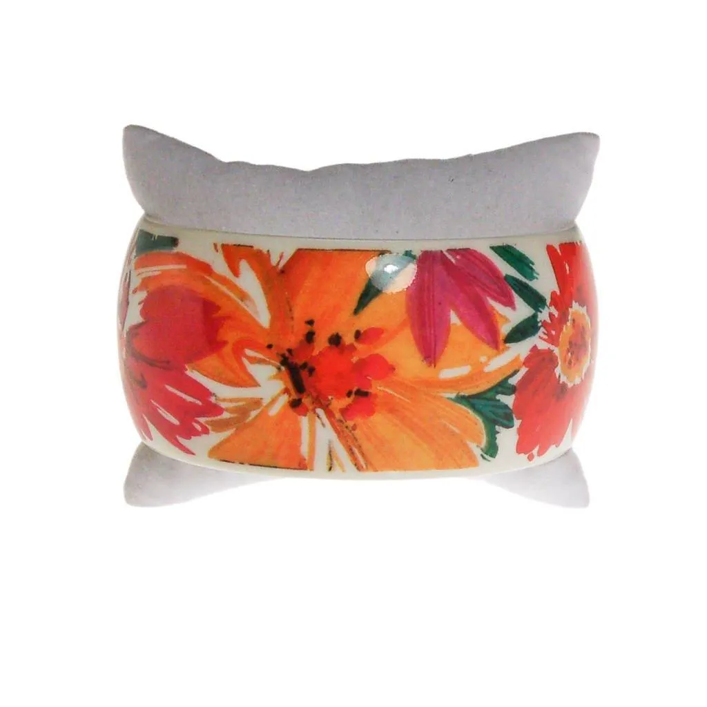 Pink, Yellow, White, Orange, Green Tropical Flower Wide Bangle Bracelet