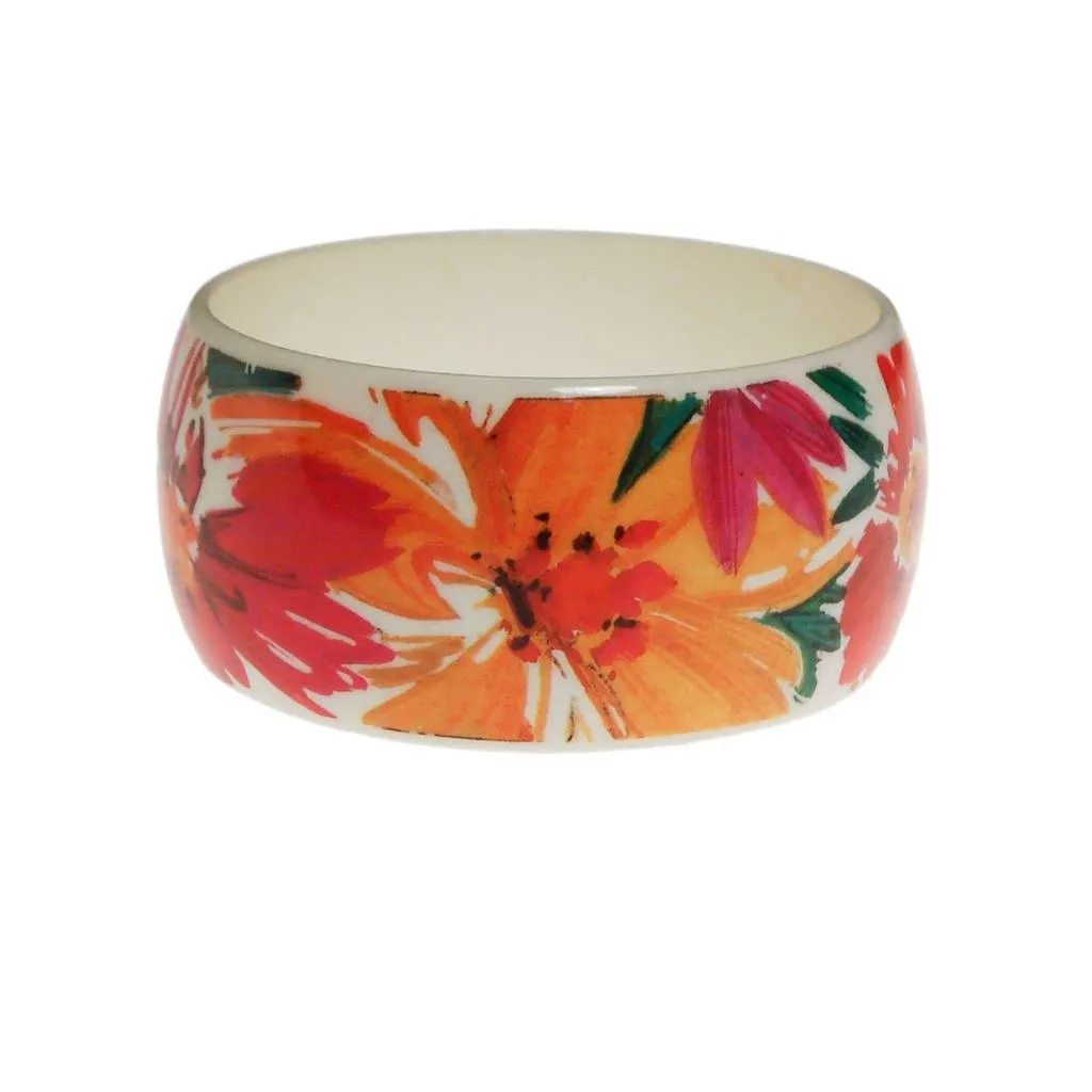 Pink, Yellow, White, Orange, Green Tropical Flower Wide Bangle Bracelet