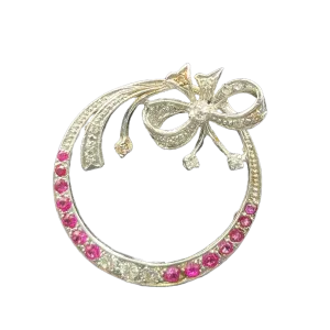 PLATIUM VINTAGE DECO 1CT DIAMOND AND .70CT BURUMA RUBY RIBBON BROOCH  PIN