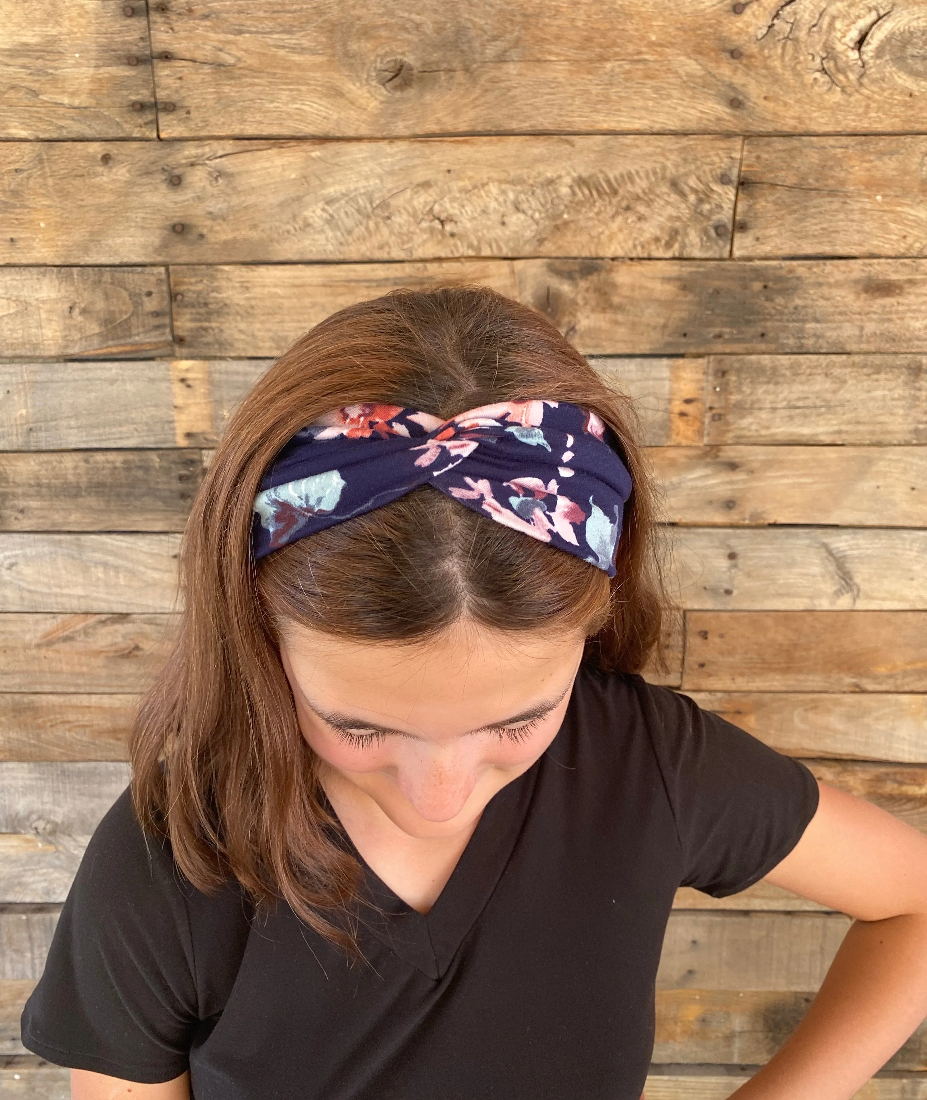 Purple and Coral Flowers on Navy Blue Matte Faux Knot Headband