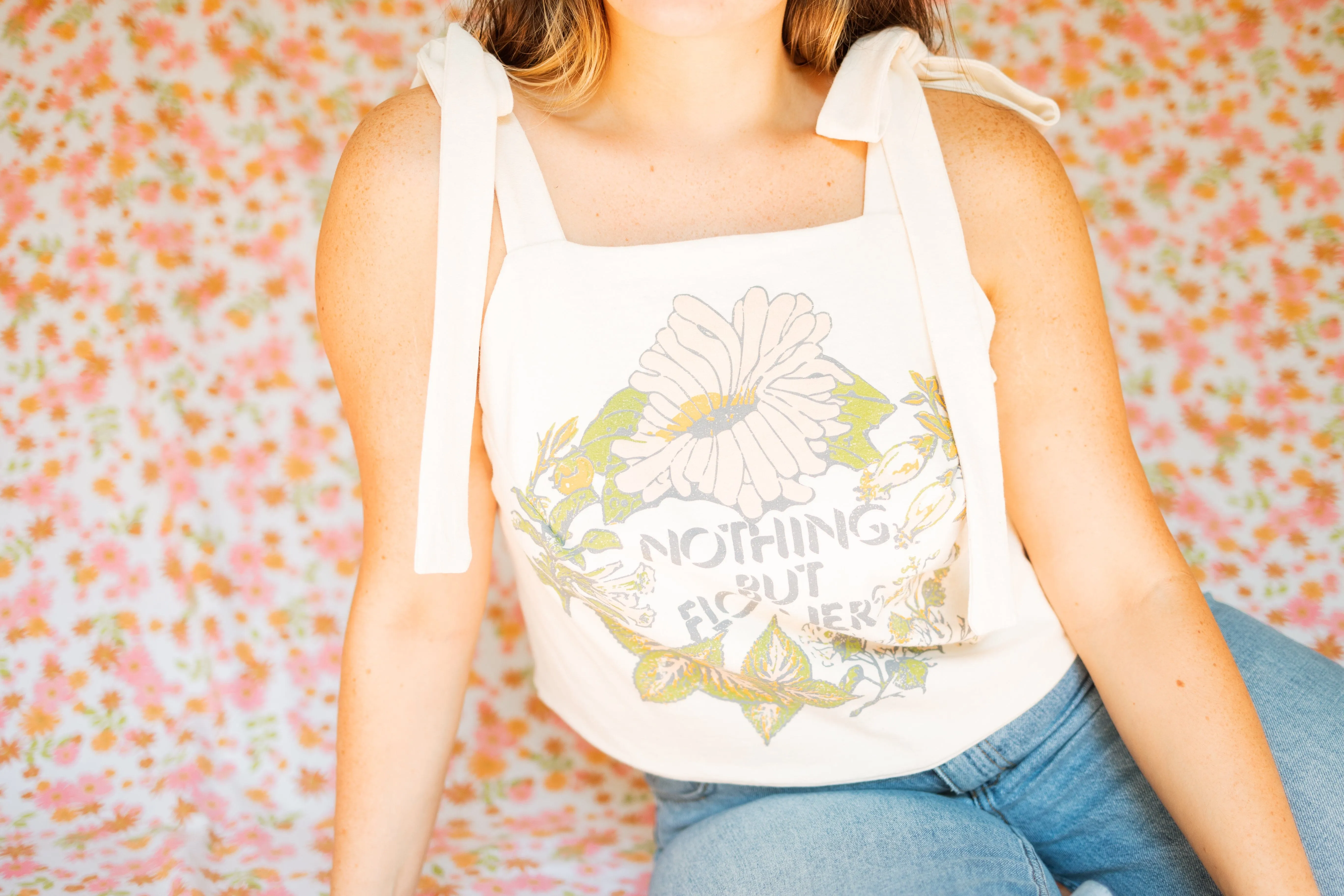 Reworked Nothing But Flowers Off White Shoulder Tie Apron Top