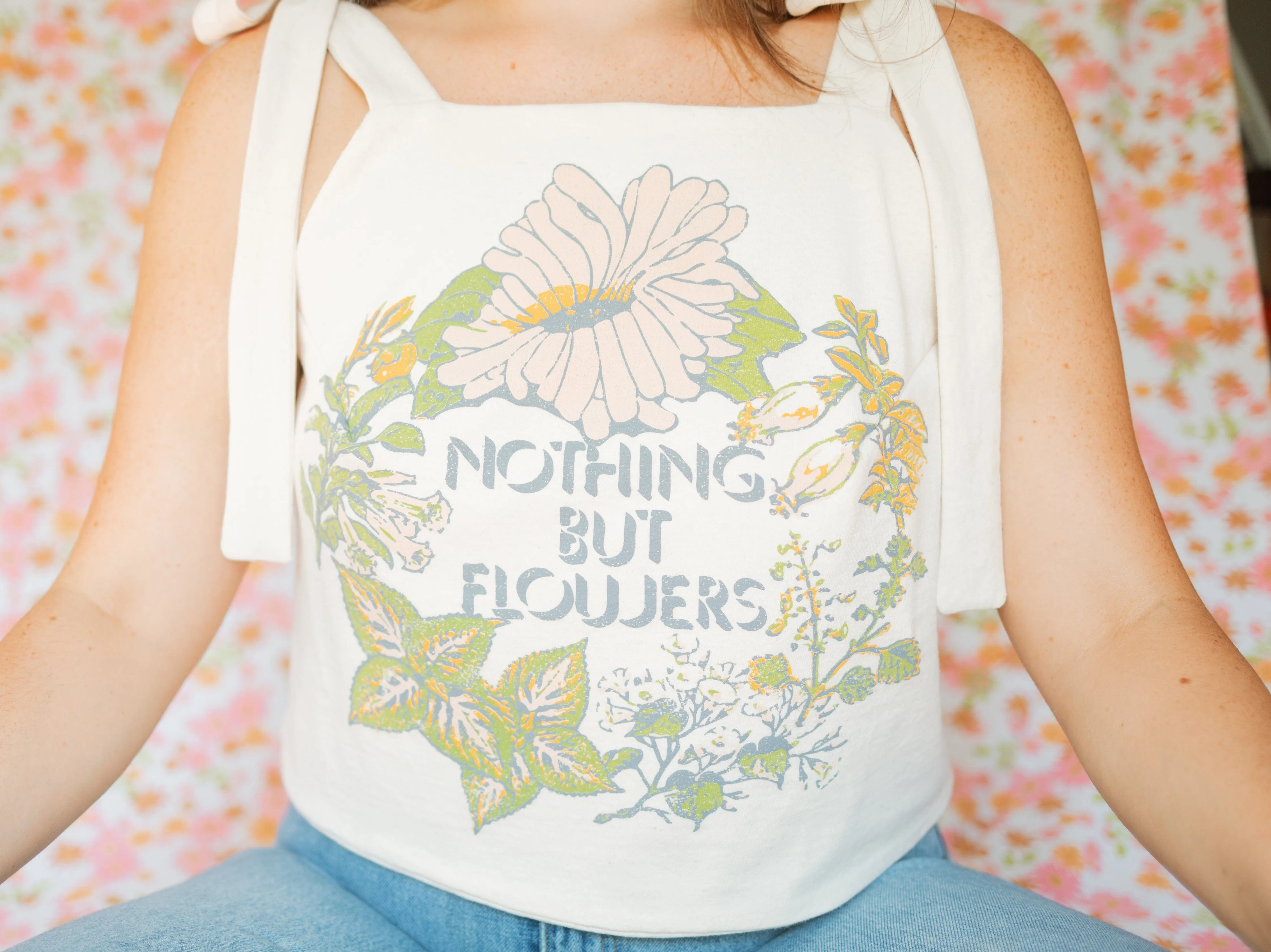 Reworked Nothing But Flowers Off White Shoulder Tie Apron Top