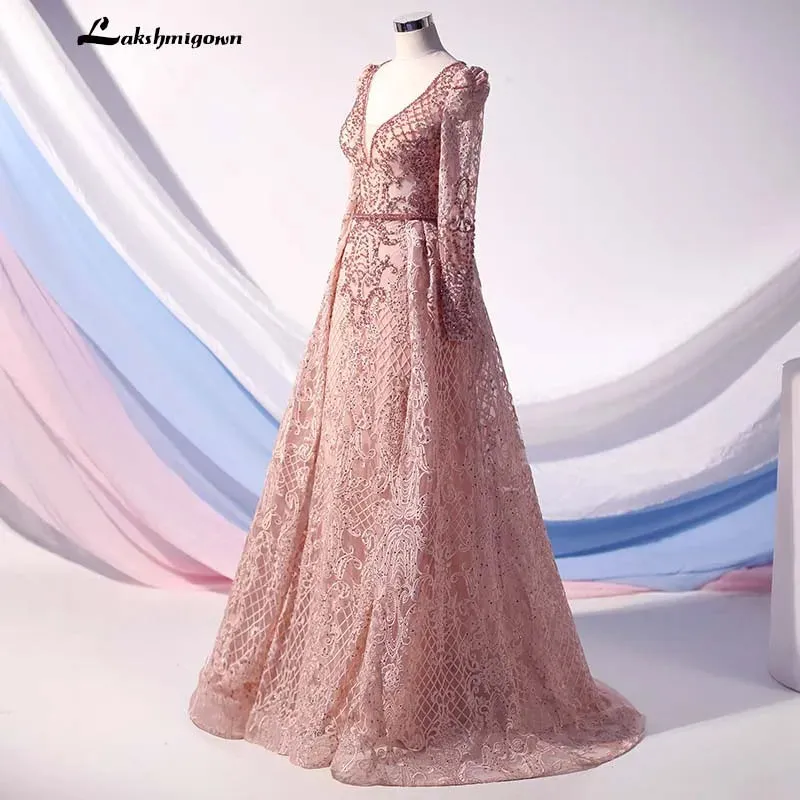 Roycebridal Lakshmigown Blue Handmade Flowers Design Evening Dresses 2020 Dubai Crystal Luxury V-Neck Evening Gowns  Vestido de Fiesta