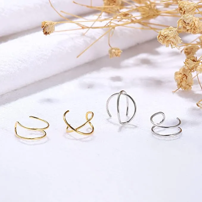 Silver Gold 4Pcs 925 Sterling Silver Cuff Earring