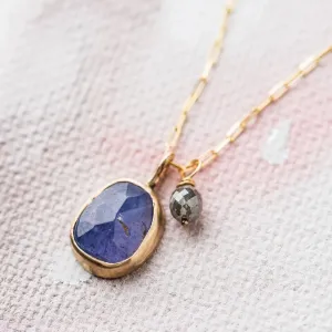 Tanzanite Necklace with Gray Diamond on Paperclip Chain in 14k Gold