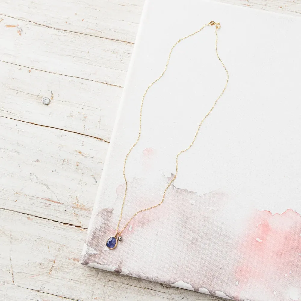 Tanzanite Necklace with Gray Diamond on Paperclip Chain in 14k Gold