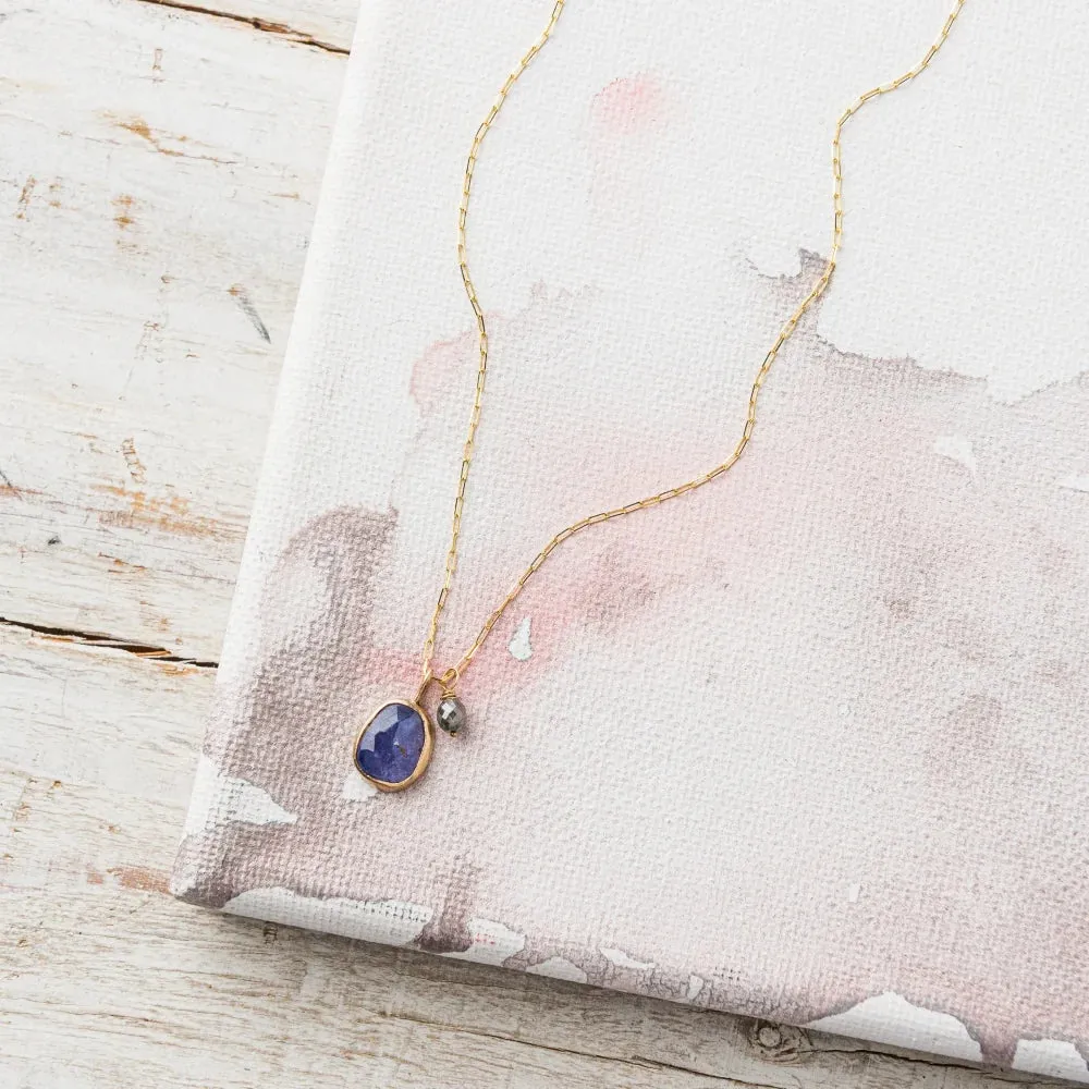 Tanzanite Necklace with Gray Diamond on Paperclip Chain in 14k Gold